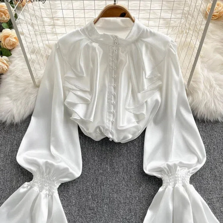 SINGREINY High Quality Satin Loose Shirt with Ruffles Sleeves
