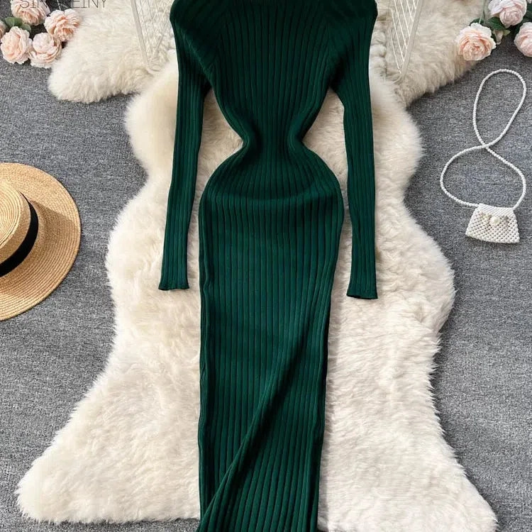 SINGREINY Winter Women Knit Maxi Dress O Neck Long Sleeve Elegance and Comfort for Autumn Fashion