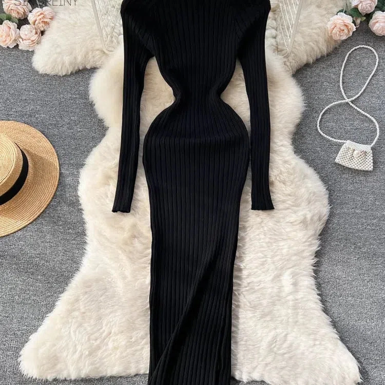SINGREINY Winter Women Knit Maxi Dress O Neck Long Sleeve Elegance and Comfort for Autumn Fashion