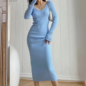 SINGREINY Women Autumn Knitted Dress V Neck Sexy Slim Fit Dress