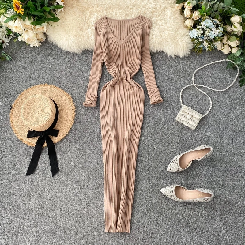 SINGREINY Women Autumn Knitted Dress V Neck Sexy Slim Fit Dress