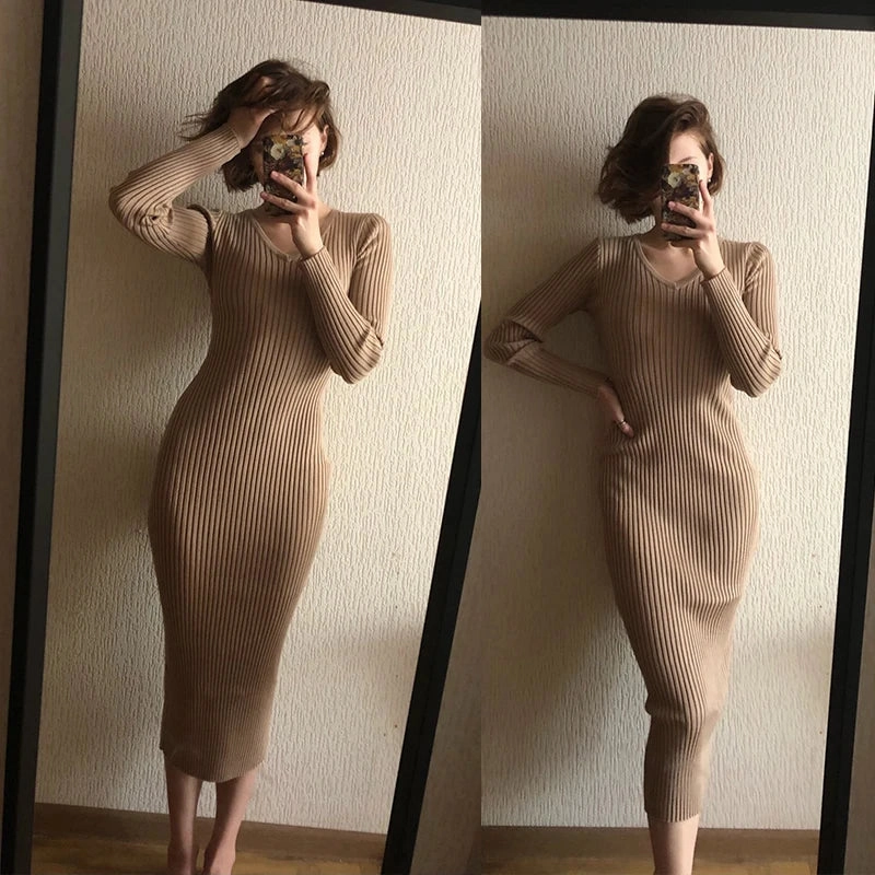 SINGREINY Women Autumn Knitted Dress V Neck Sexy Slim Fit Dress