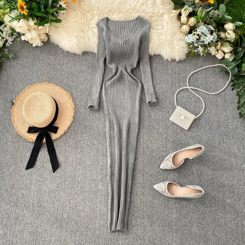SINGREINY Women Autumn Knitted Dress V Neck Sexy Slim Fit Dress
