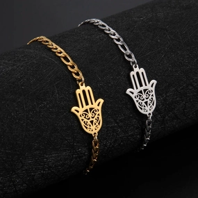 Skyrim Amulet Hamsa Hand of Fatima Bracelets on Hand Gold Color Women's Bracelet Stainless Steel Islamic Lucky Jewelry Gift