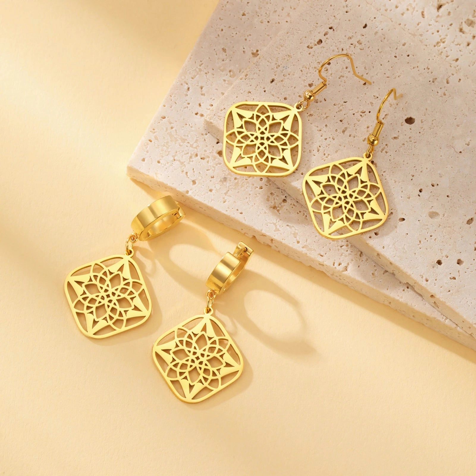Skyrim Filigree Flower Square Pendant Drop Earrings Women