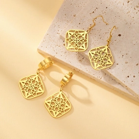 Skyrim Filigree Flower Square Pendant Drop Earrings Women