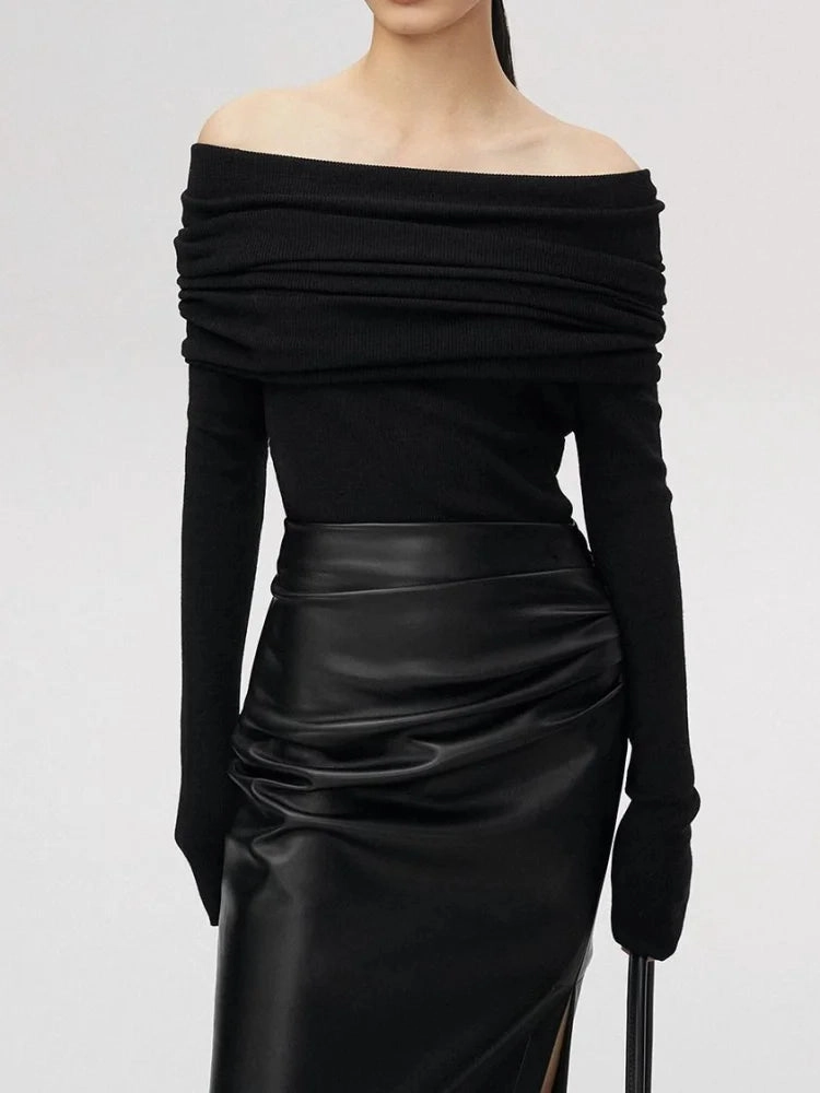 Slash Neck Sweater Women Tops Knitted Slim Elegant Off Shoulder Stylish Autumn Winter Long Sleeve Pullovers