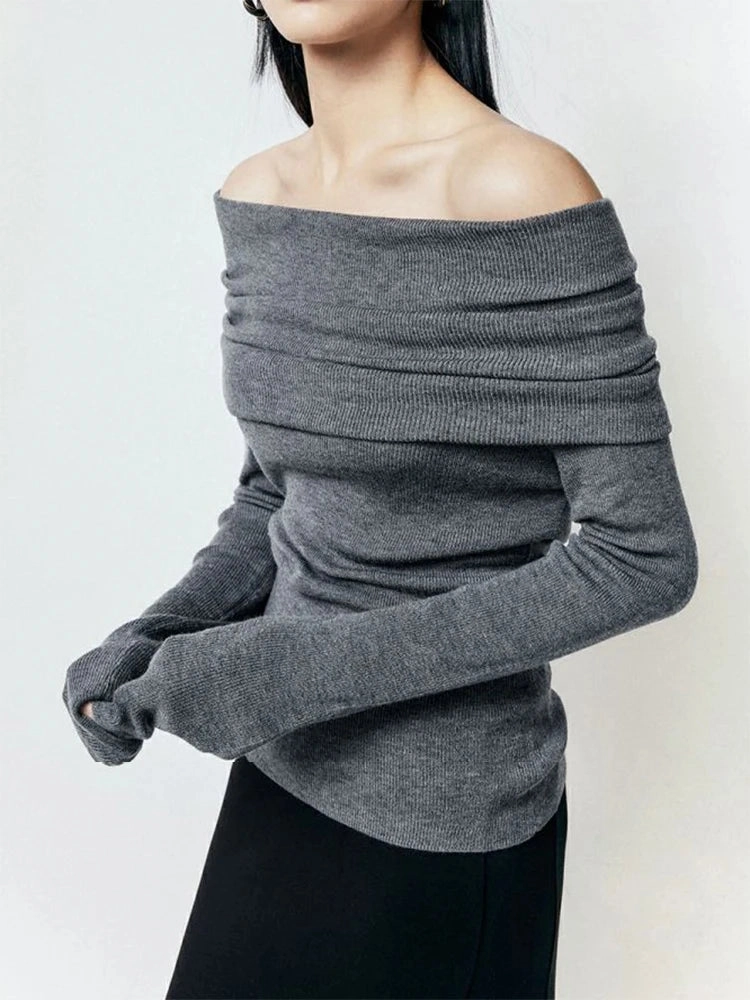 Slash Neck Sweater Women Tops Knitted Slim Elegant Off Shoulder Stylish Autumn Winter Long Sleeve Pullovers