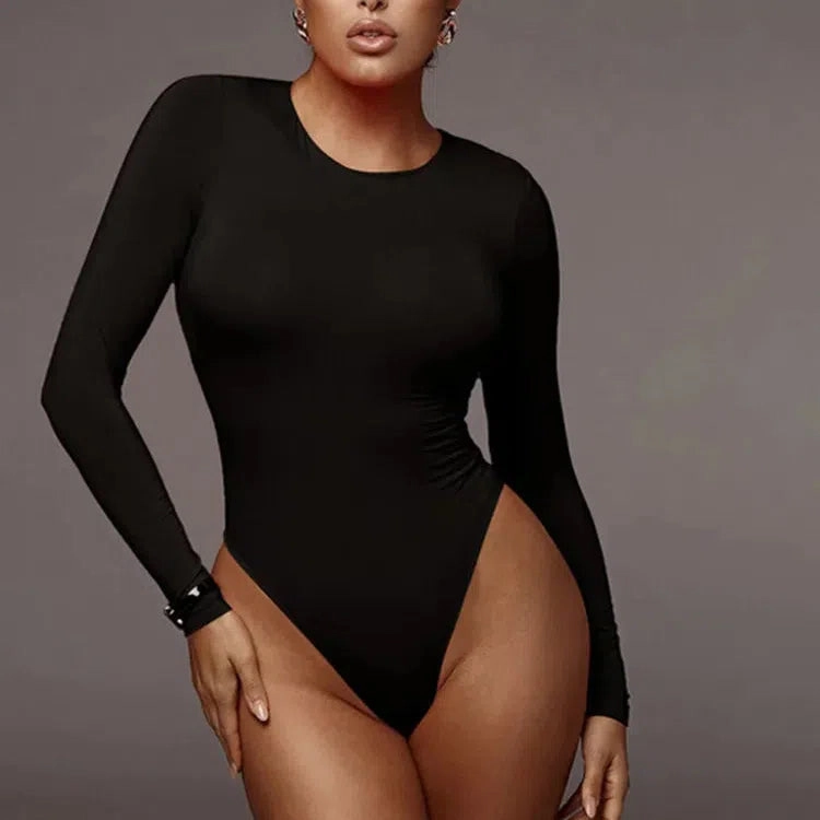 Sleek Solid White Long Sleeve Bodysuit for Women - Chic Autumn & Winter Streetwear Top