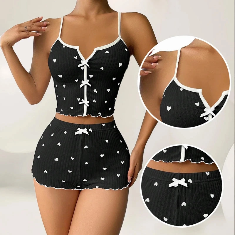 Sleepwear Women's Pajamas Set Heart Print Soft Ribbed Top and Shorts with Flirty Frill Trim Casual Loungewear for Cozy Nights