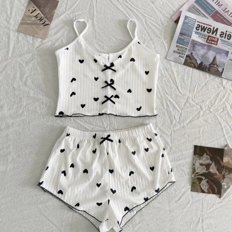 Sleepwear Women's Pajamas Set Heart Print Soft Ribbed Top and Shorts with Flirty Frill Trim Casual Loungewear for Cozy Nights