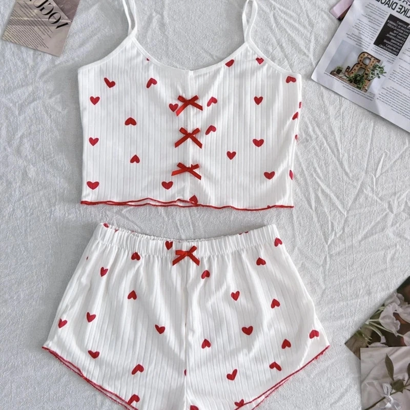 Sleepwear Women's Pajamas Set Heart Print Soft Ribbed Top and Shorts with Flirty Frill Trim Casual Loungewear for Cozy Nights