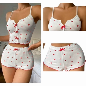 Sleepwear Women's Pajamas Set Heart Print Soft Ribbed Top and Shorts with Flirty Frill Trim Casual Loungewear for Cozy Nights