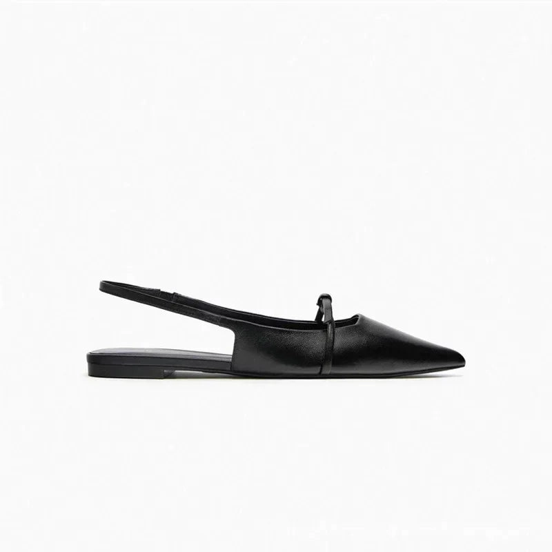 Slingback Flat Bottom Women Sandals Summer Black Leather Elegance