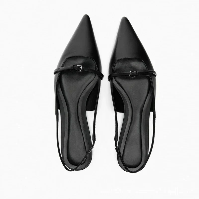 Slingback Flat Bottom Women Sandals Summer Black Leather Elegance