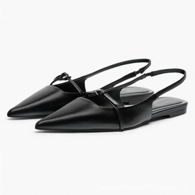 Slingback Flat Bottom Women Sandals Summer Black Leather Elegance