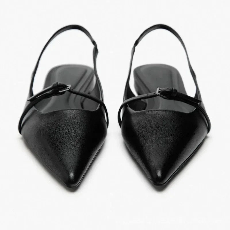 Slingback Flat Bottom Women Sandals Summer Black Leather Elegance