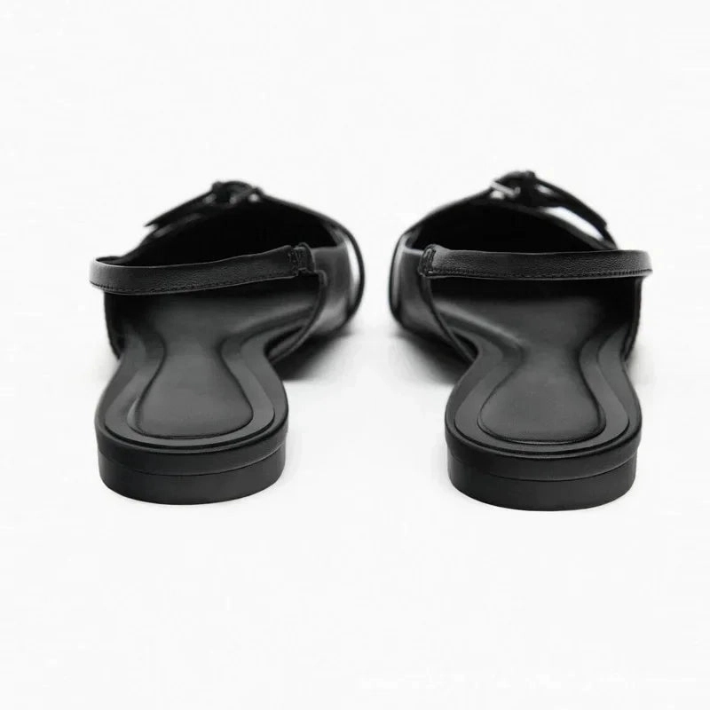 Slingback Flat Bottom Women Sandals Summer Black Leather Elegance
