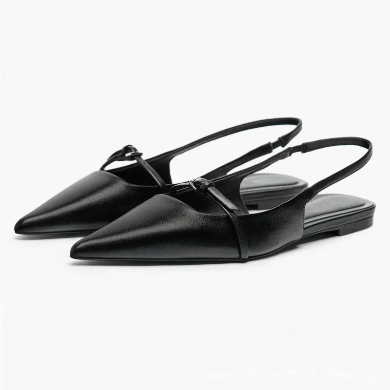 Slingback Flat Bottom Women Sandals Summer Black Leather Elegance