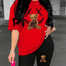Smiling Face Plush Bear Pattern Print Womens Shorts Set Soft Trendy Two Piece Basics