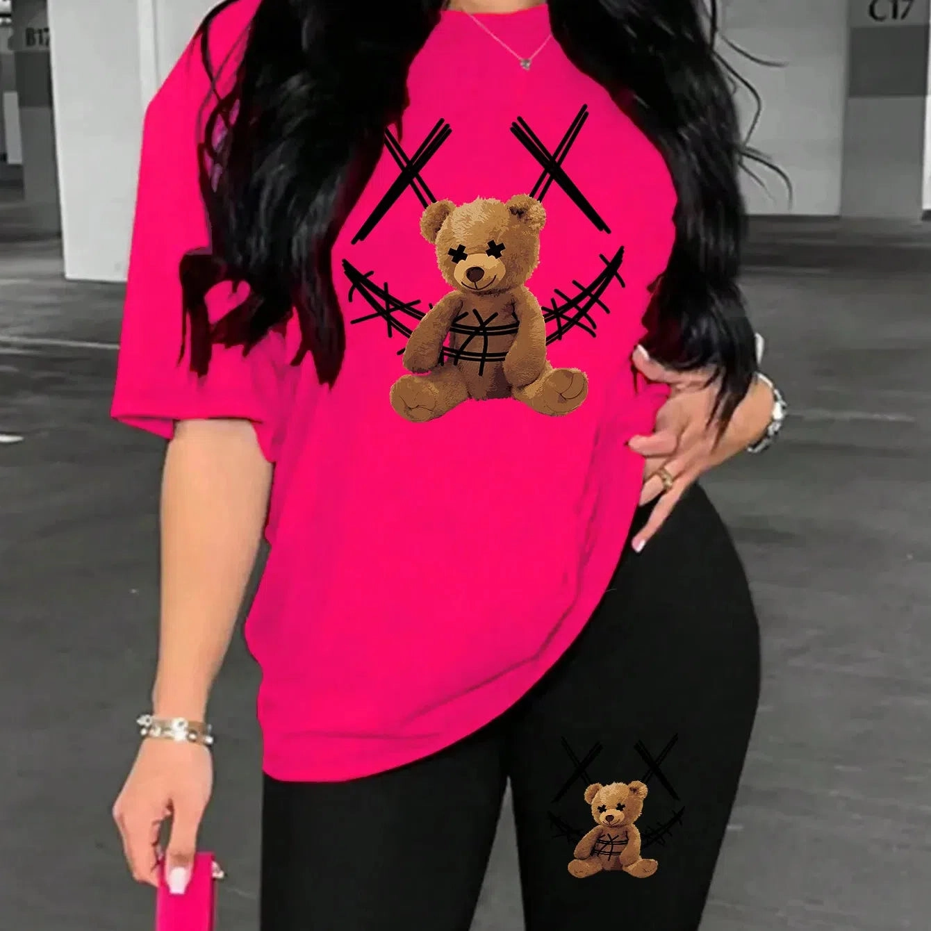 Smiling Face Plush Bear Pattern Print Womens Shorts Set Soft Trendy Two Piece Basics