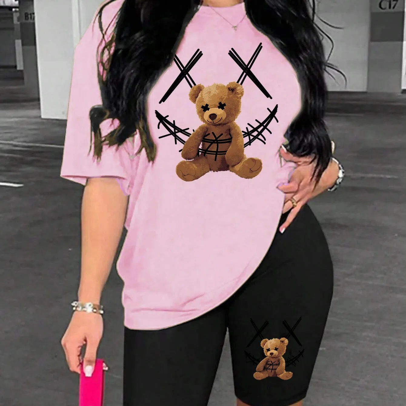 Smiling Face Plush Bear Pattern Print Womens Shorts Set Soft Trendy Two Piece Basics