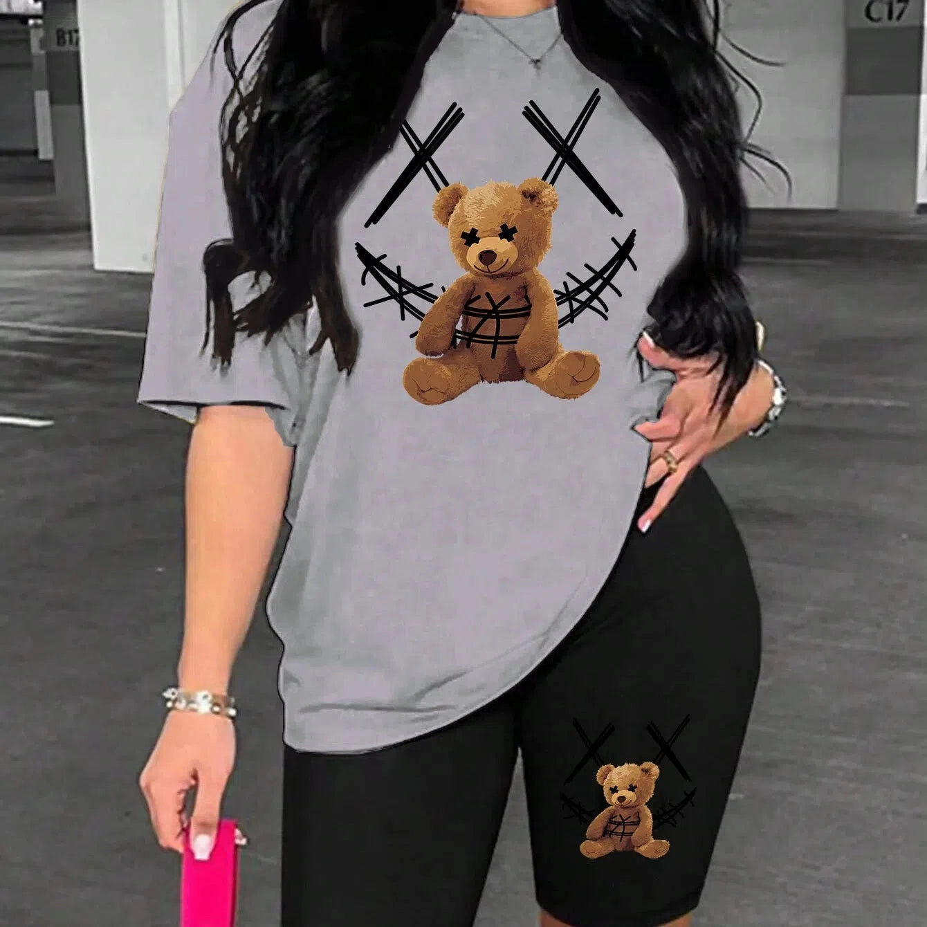 Smiling Face Plush Bear Pattern Print Womens Shorts Set Soft Trendy Two Piece Basics