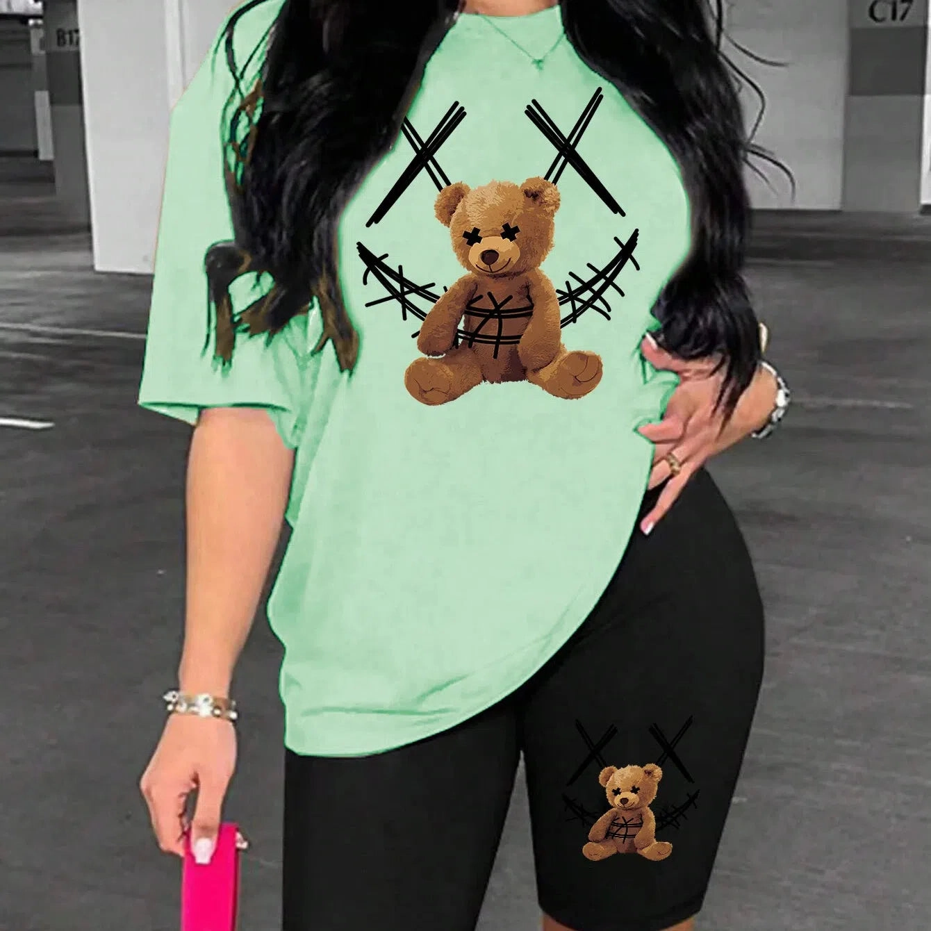 Smiling Face Plush Bear Pattern Print Womens Shorts Set Soft Trendy Two Piece Basics