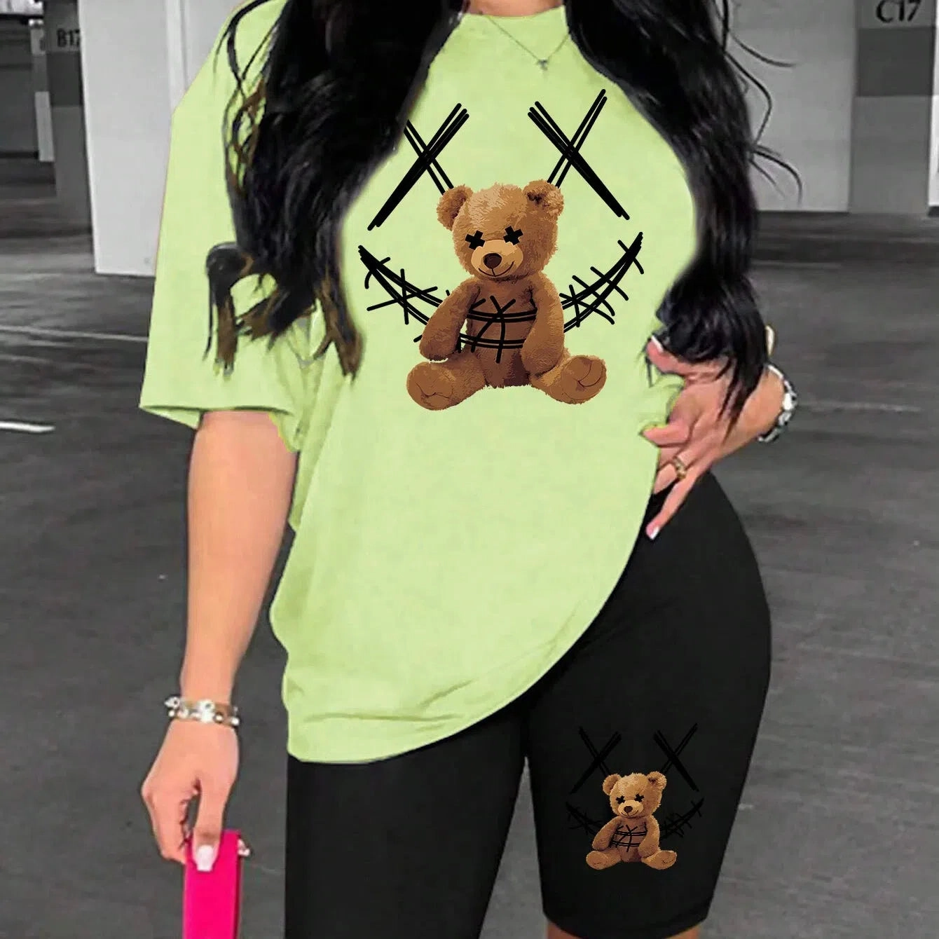Smiling Face Plush Bear Pattern Print Womens Shorts Set Soft Trendy Two Piece Basics
