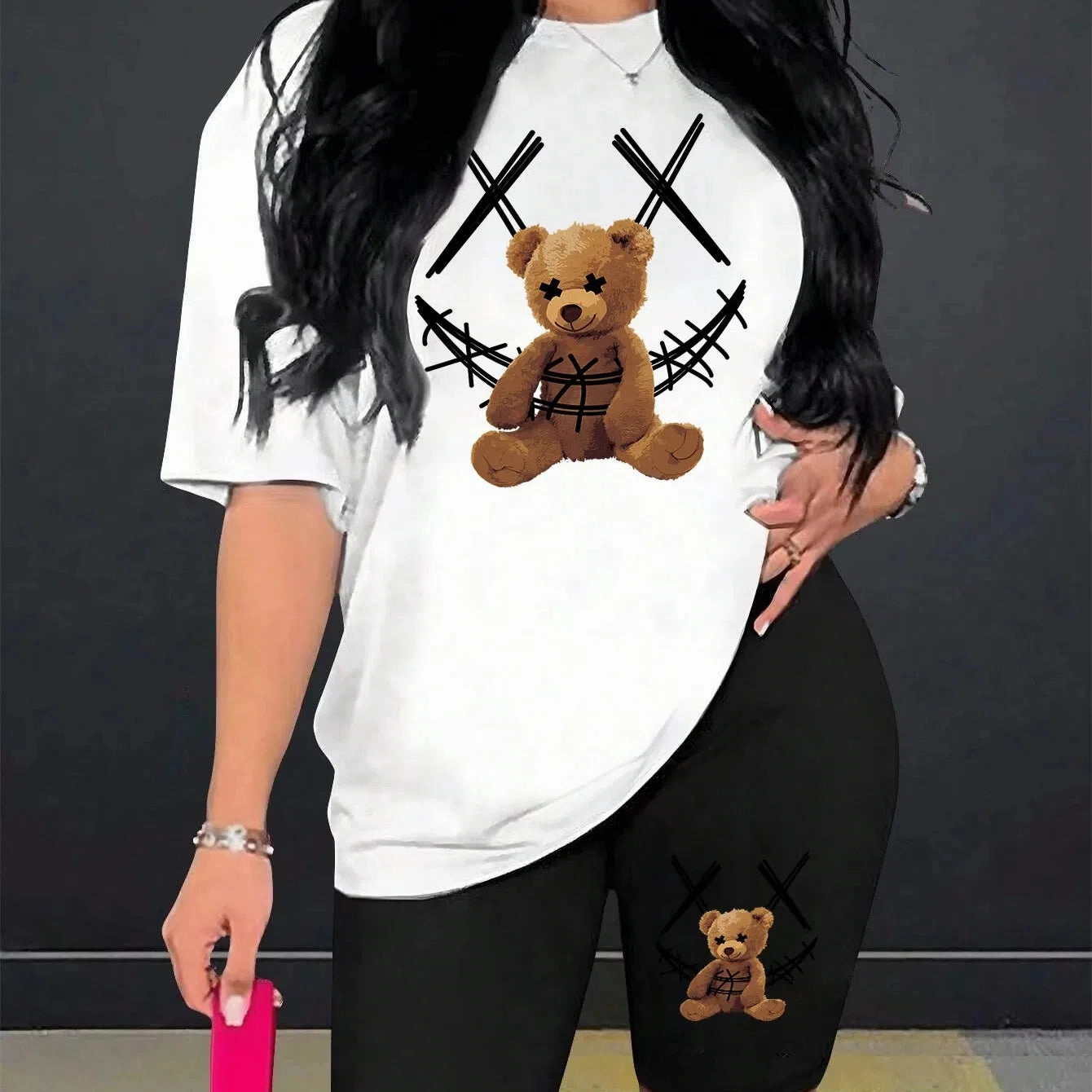 Smiling Face Plush Bear Pattern Print Womens Shorts Set Soft Trendy Two Piece Basics