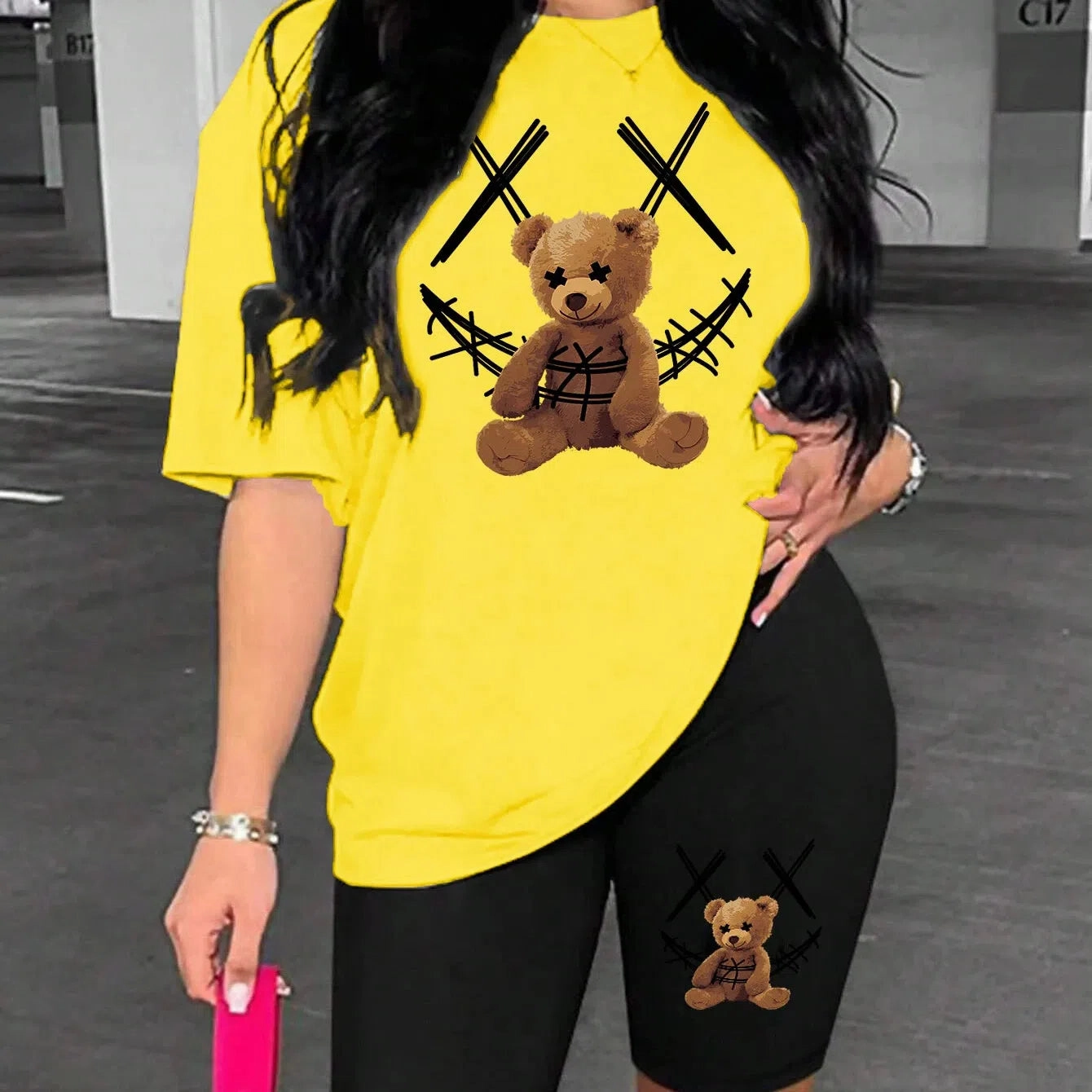 Smiling Face Plush Bear Pattern Print Womens Shorts Set Soft Trendy Two Piece Basics