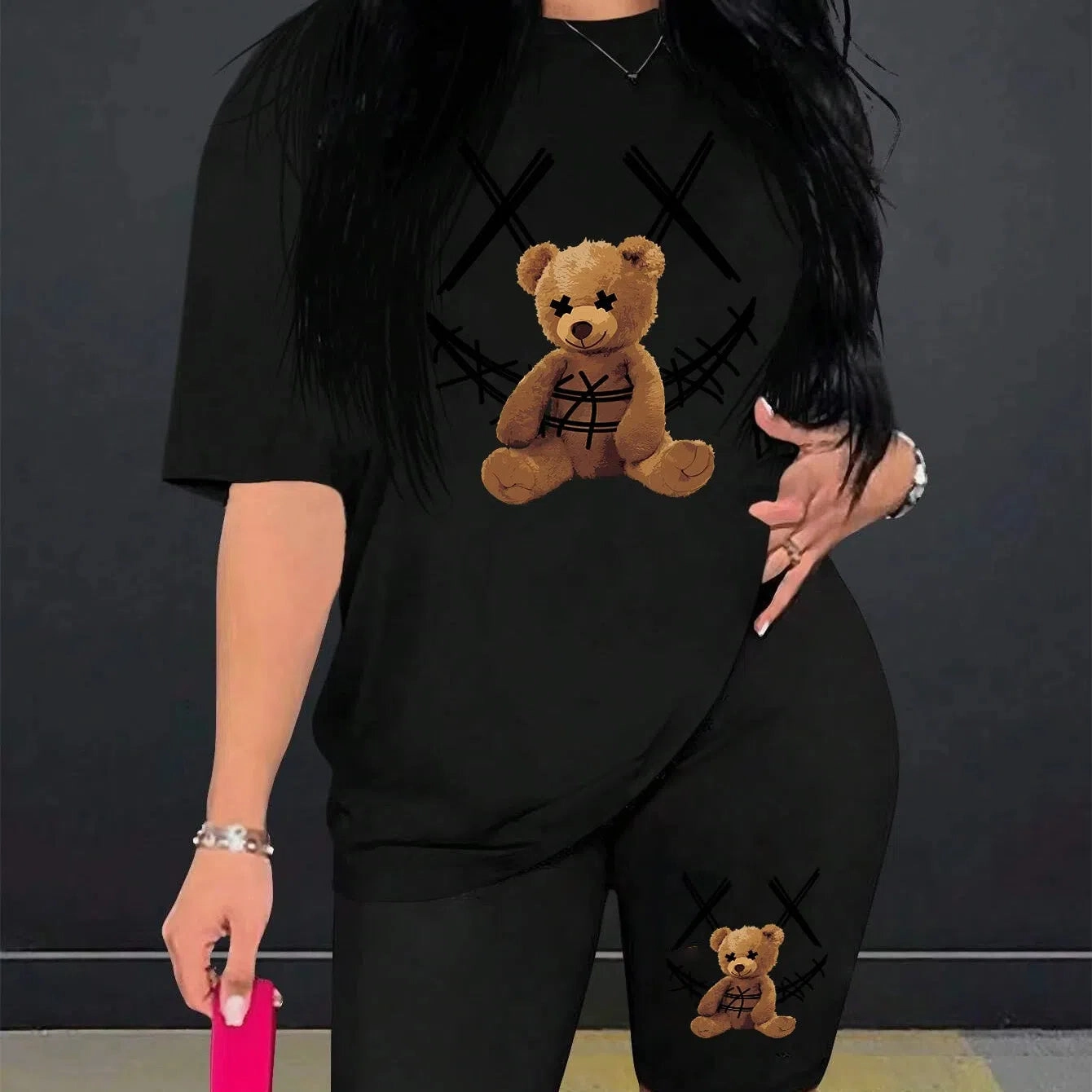 Smiling Face Plush Bear Pattern Print Womens Shorts Set Soft Trendy Two Piece Basics