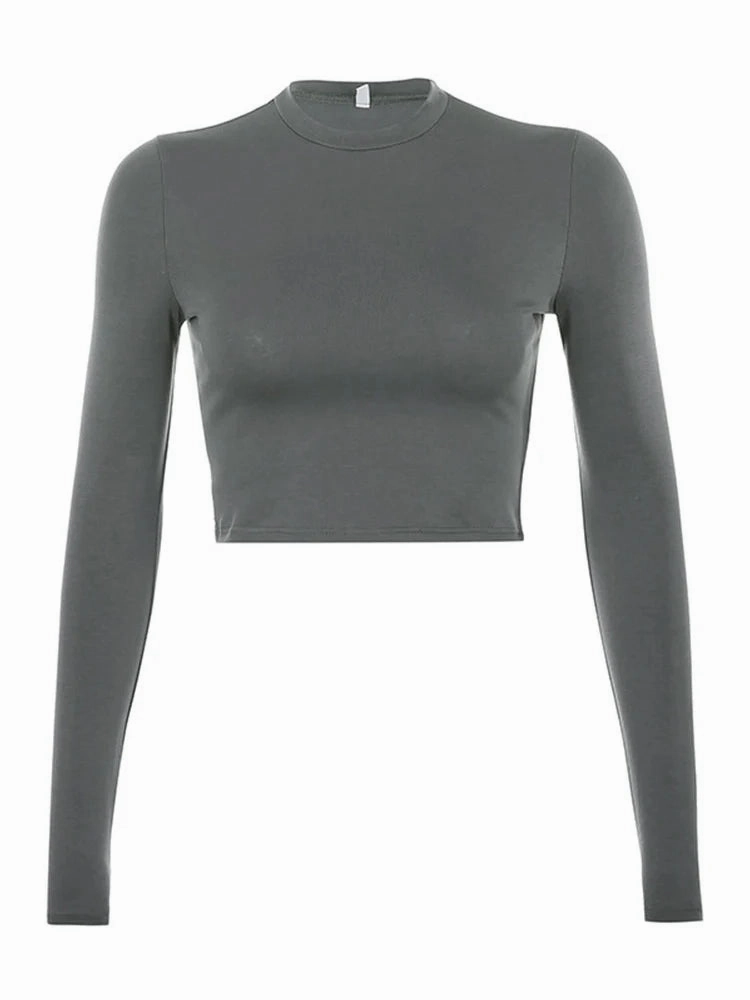 Solid Basic Long Sleeve Womens T-Shirt Casual Crop Top Fashion Tee for Spring Summer Wear