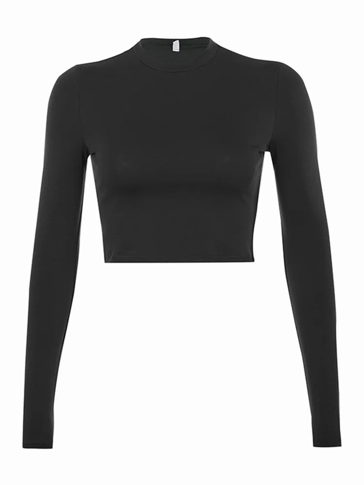 Solid Basic Long Sleeve Womens T-Shirt Casual Crop Top Fashion Tee for Spring Summer Wear