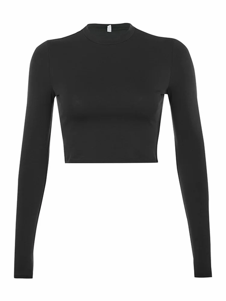 Solid Basic Long Sleeve Womens T-Shirt Casual Crop Top Fashion Tee for Spring Summer Wear