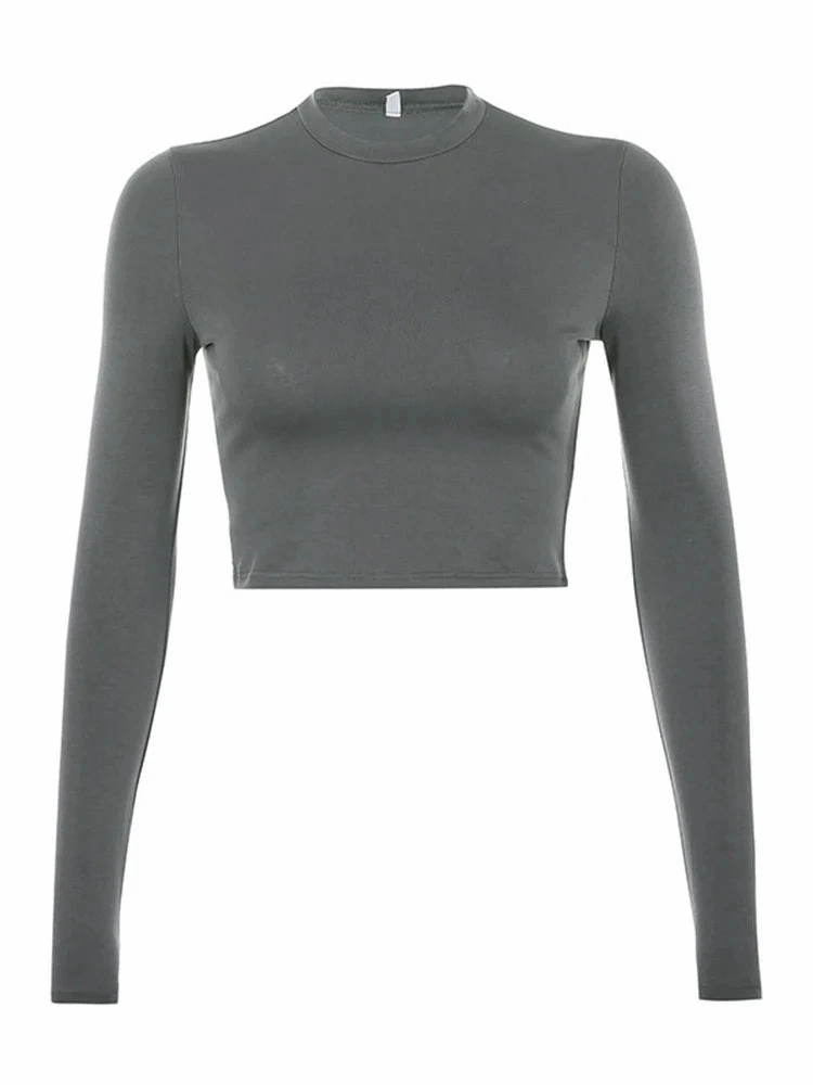 Solid Basic Long Sleeve Womens T-Shirt Casual Crop Top Fashion Tee for Spring Summer Wear