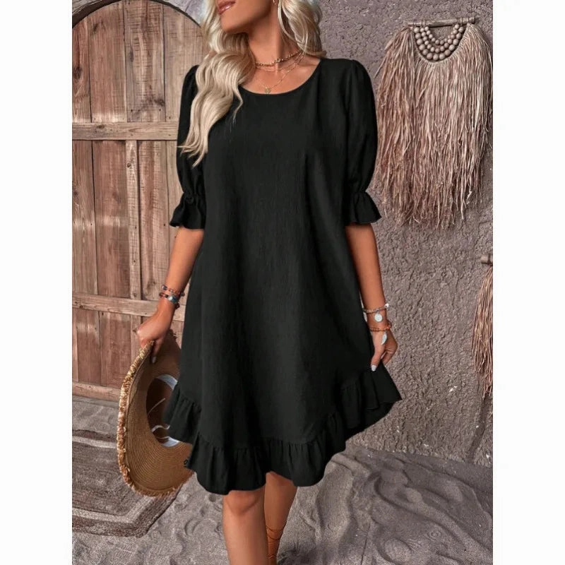 Solid Color Casual Loose Short Dresses For Women Summer A-Line Midi Dress