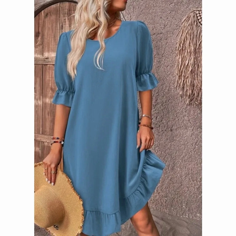 Solid Color Casual Loose Short Dresses For Women Summer A-Line Midi Dress