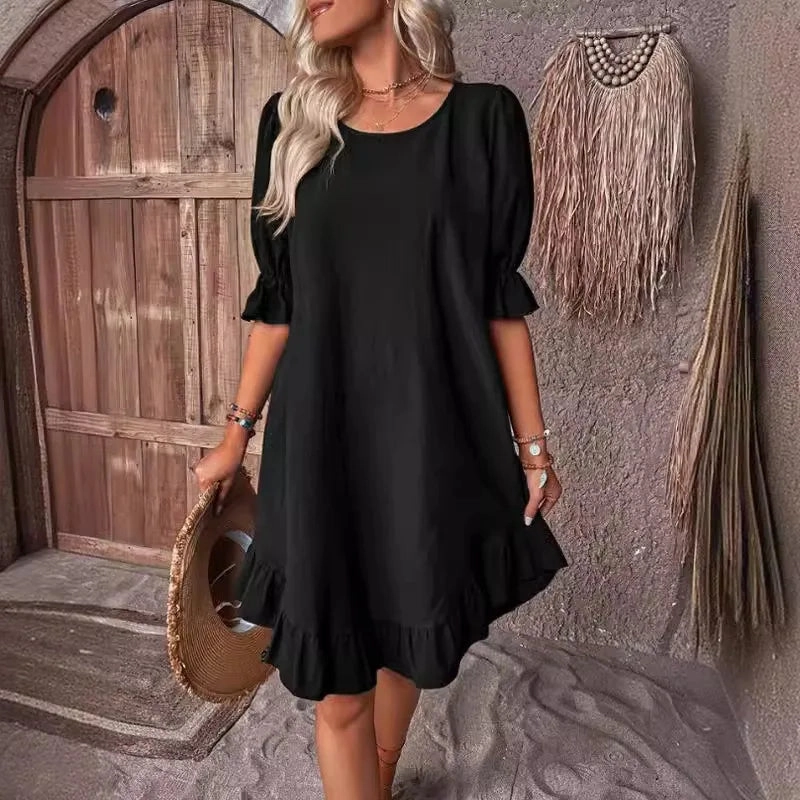 Solid Color Casual Loose Short Dresses For Women Summer A-Line Midi Dress