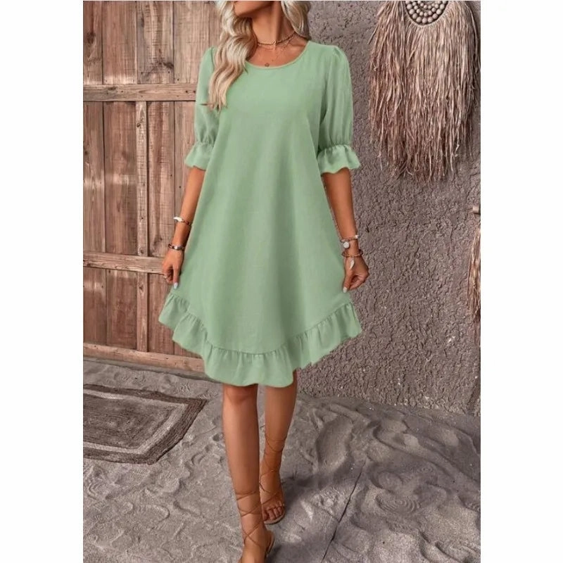 Solid Color Casual Loose Short Dresses For Women Summer A-Line Midi Dress