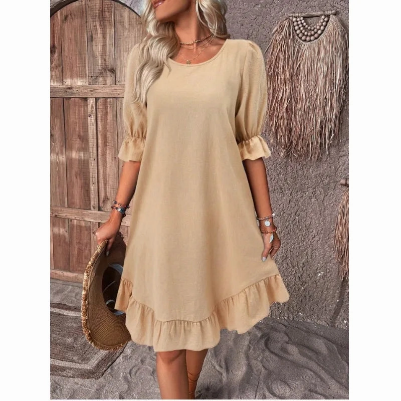 Solid Color Casual Loose Short Dresses For Women Summer A-Line Midi Dress