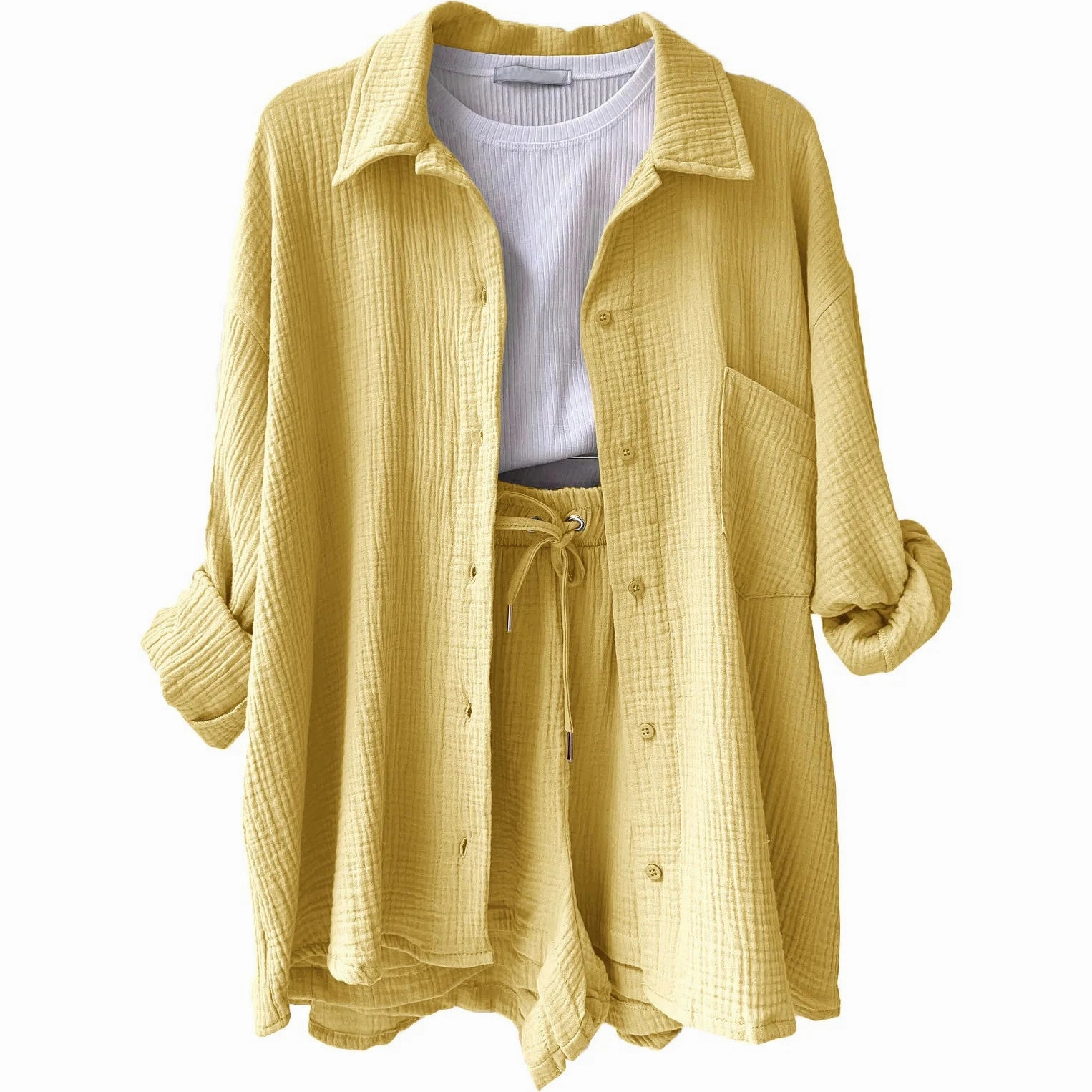 Solid Color Casual Loose Short Pants Set for Women Summer Two-Piece Outfit Mini Skirt Suit with Pockets and Turn-Down Collar