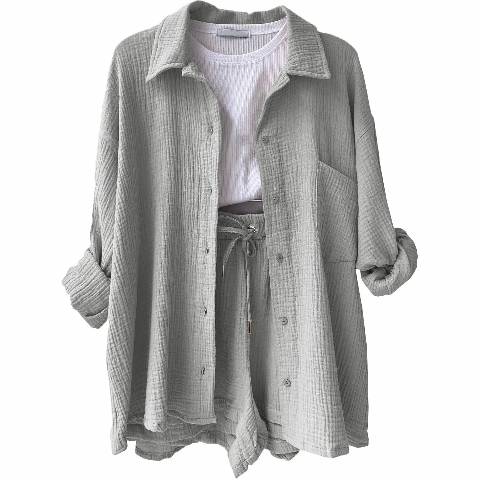 Solid Color Casual Loose Short Pants Set for Women Summer Two-Piece Outfit Mini Skirt Suit with Pockets and Turn-Down Collar