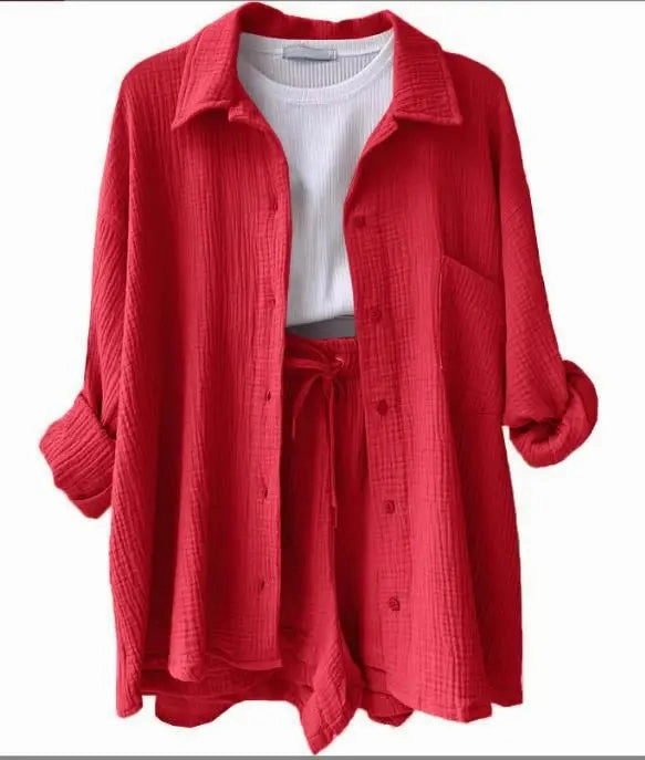 Solid Color Casual Loose Short Pants Set for Women Summer Two-Piece Outfit Mini Skirt Suit with Pockets and Turn-Down Collar