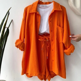 Solid Color Casual Loose Short Pants Set for Women Summer Two-Piece Outfit Mini Skirt Suit with Pockets and Turn-Down Collar