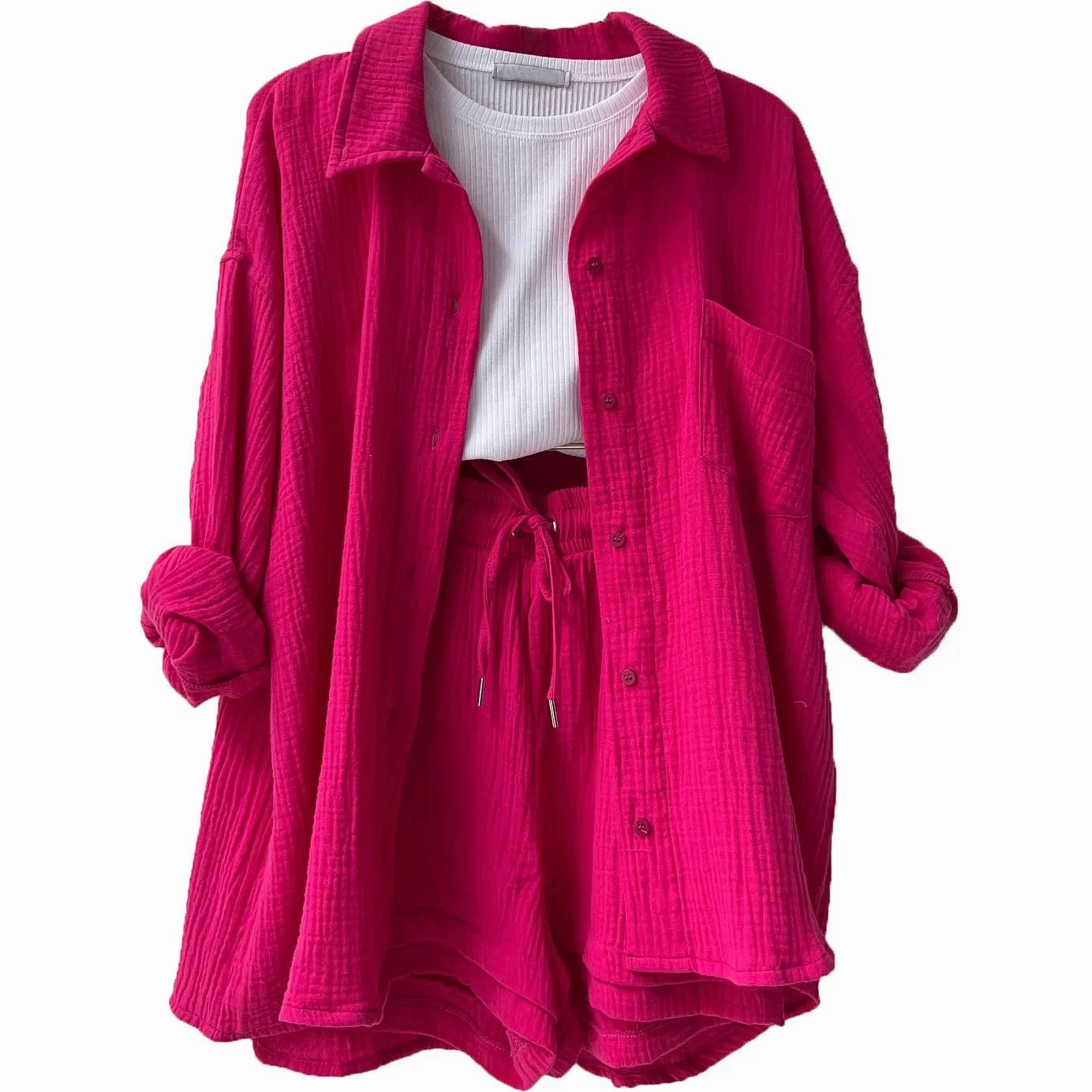 Solid Color Casual Loose Short Pants Set for Women Summer Two-Piece Outfit Mini Skirt Suit with Pockets and Turn-Down Collar