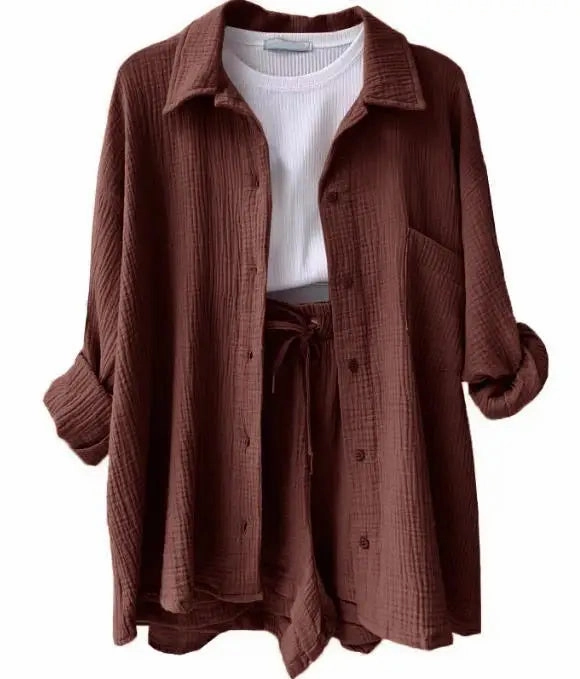 Solid Color Casual Loose Short Pants Set for Women Summer Two-Piece Outfit Mini Skirt Suit with Pockets and Turn-Down Collar