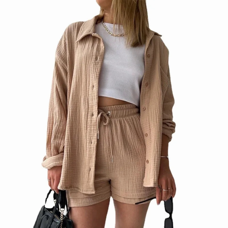 Solid Color Casual Loose Short Pants Set for Women Summer Two-Piece Outfit Mini Skirt Suit with Pockets and Turn-Down Collar