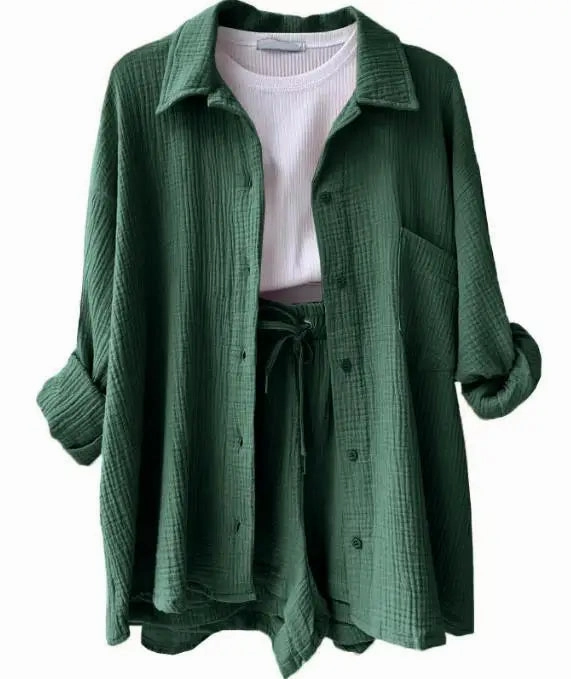 Solid Color Casual Loose Short Pants Set for Women Summer Two-Piece Outfit Mini Skirt Suit with Pockets and Turn-Down Collar