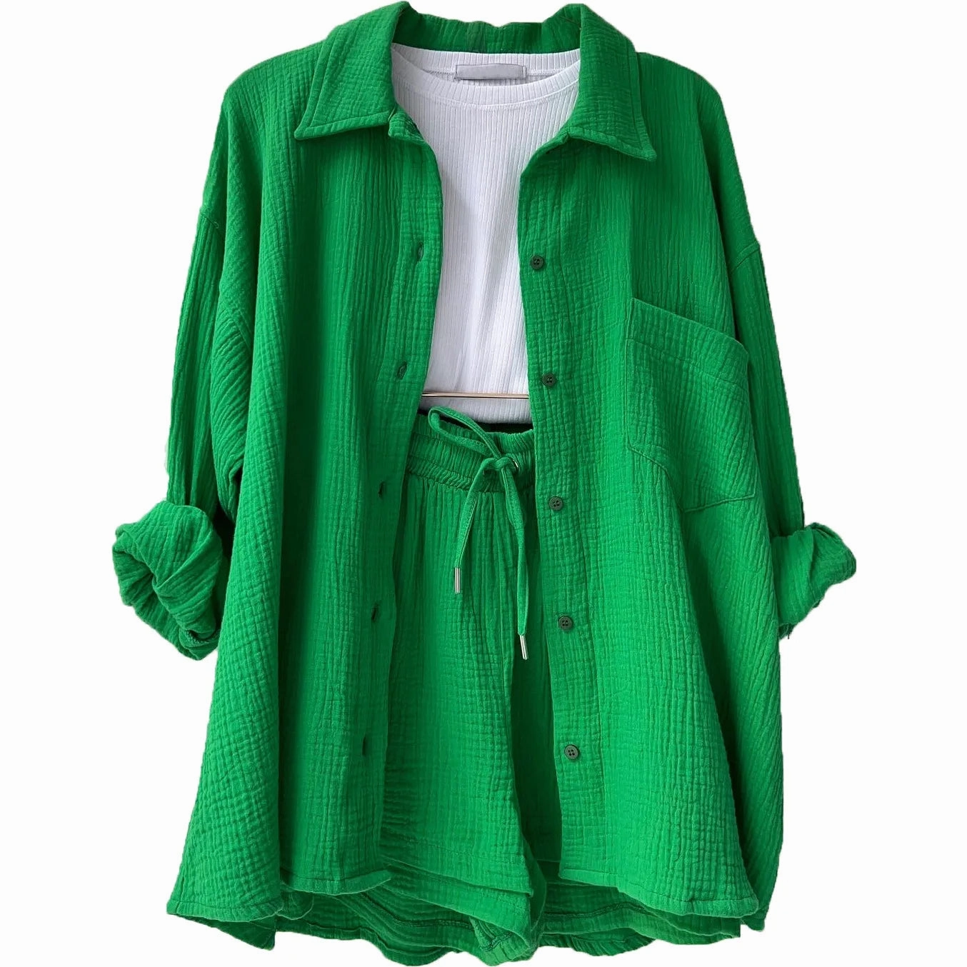 Solid Color Casual Loose Short Pants Set for Women Summer Two-Piece Outfit Mini Skirt Suit with Pockets and Turn-Down Collar